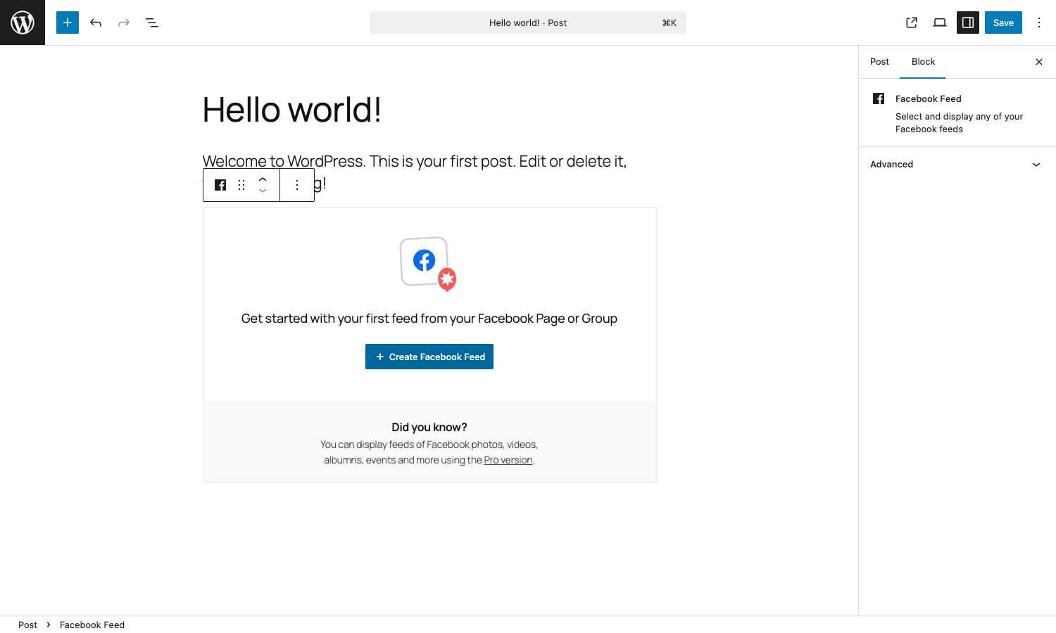 Facebook Feed block in the WordPress editor Custom Facebook Feed Pro Gutenberg block inserted in a WordPress post with the Facebook Feed empty-state and the block settings sidebar