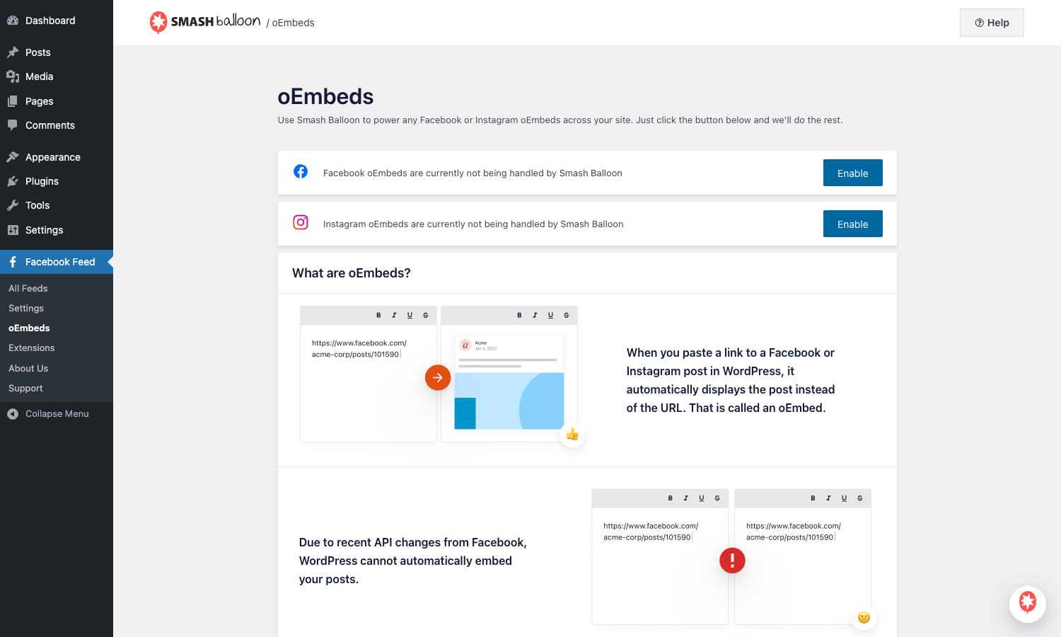oEmbeds for Facebook and Instagram Custom Facebook Feed Pro oEmbeds panel for Facebook and Instagram with explainer of how the legacy oEmbed flow broke