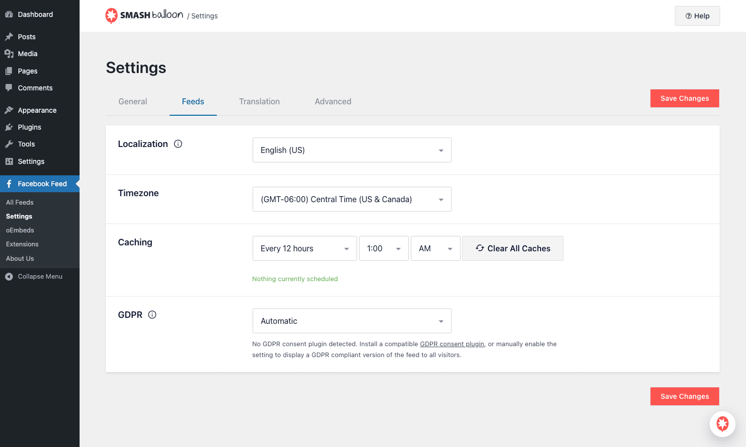 Caching and GDPR Custom Facebook Feed Pro feeds settings panel showing localization, timezone, caching schedule, and GDPR options