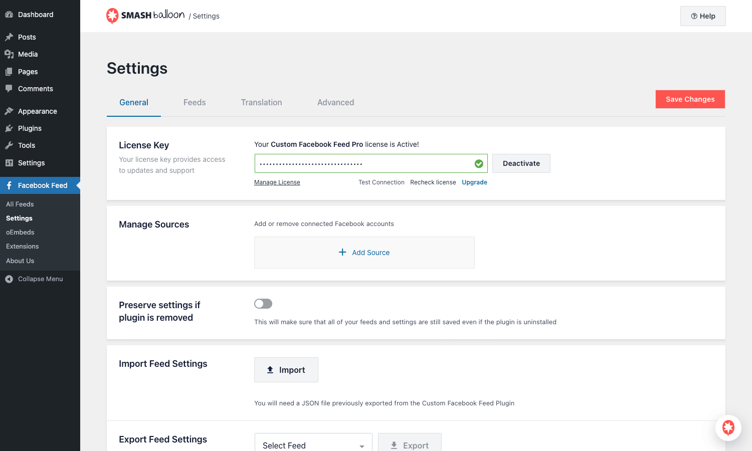 Settings -> General Custom Facebook Feed Pro settings panel with license key, source management, and import/export