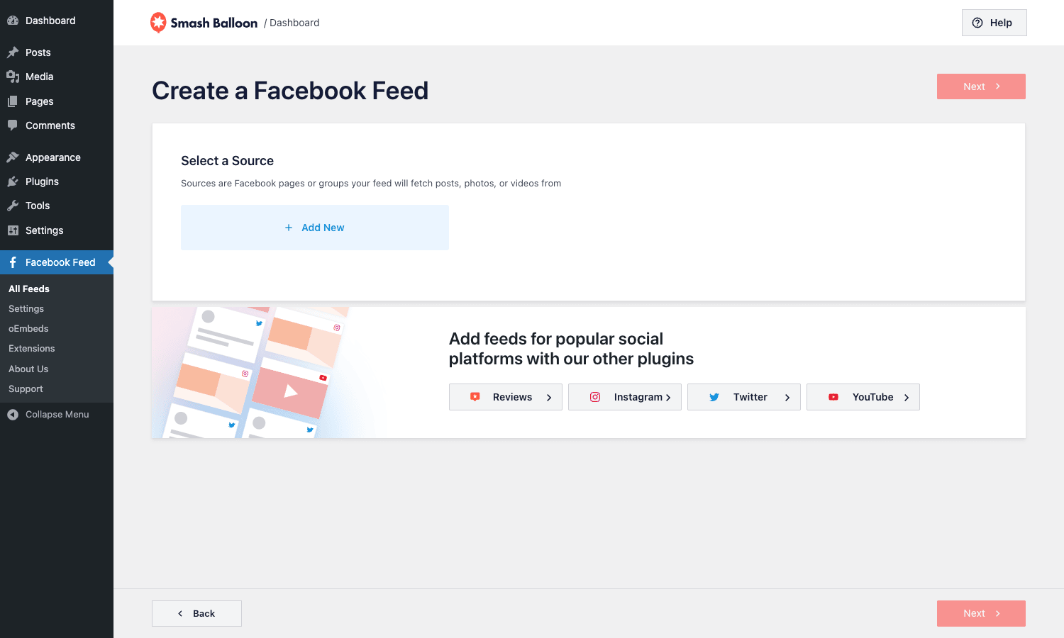 Select a source Custom Facebook Feed Pro source picker step with Add New button and cross-promotion to Smash Balloon's Reviews, Instagram, Twitter, and YouTube plugins