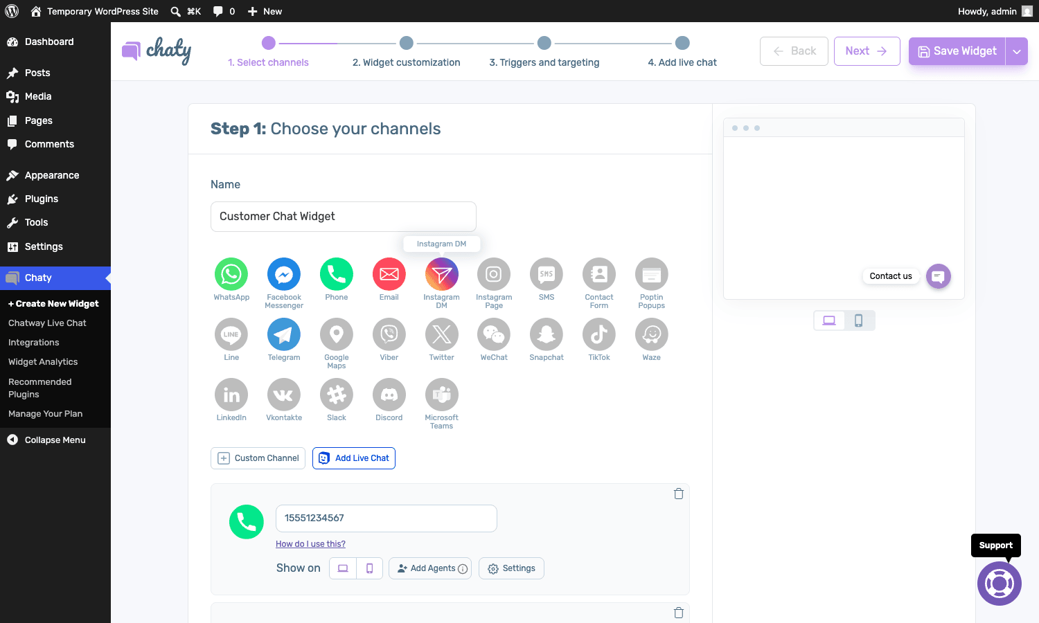 Chaty channel selection Chaty Pro channel selection screen with five channels picked for a sample widget