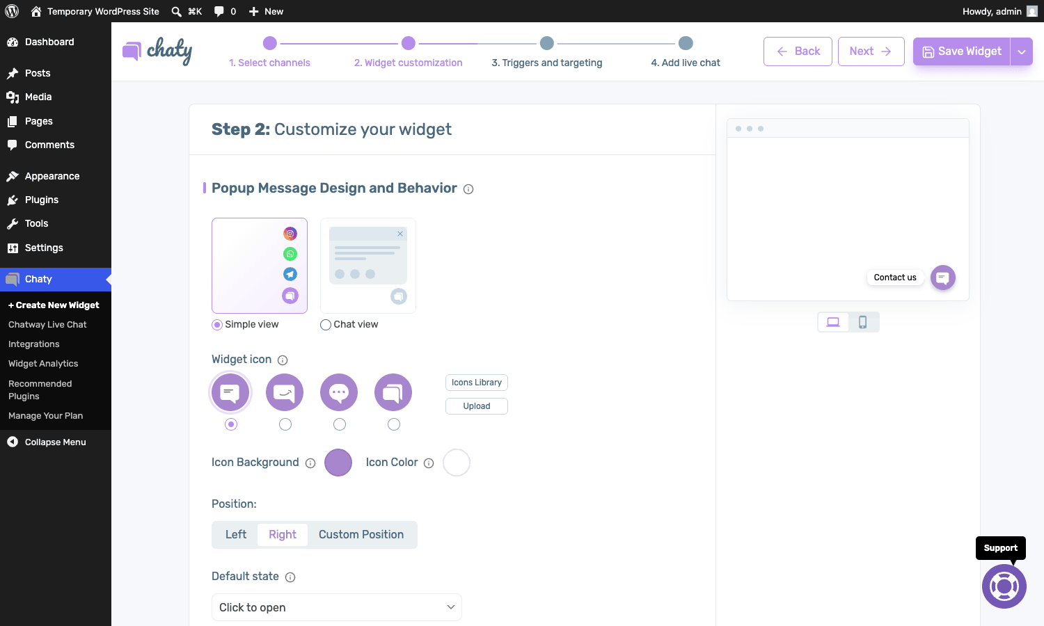 Chaty Pro widget design panel Chaty Pro widget customization step with view type, widget icon picker, color controls, and position settings