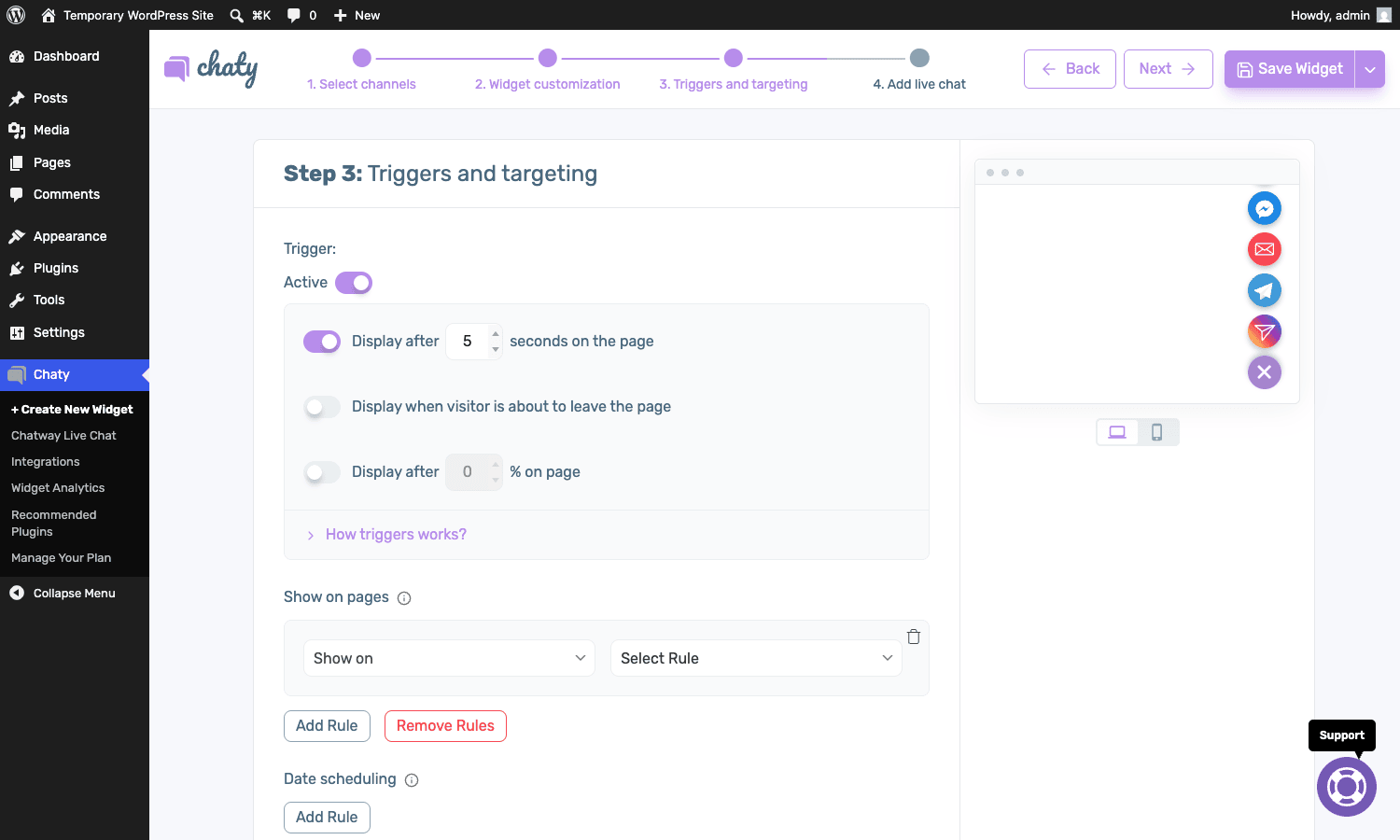 Chaty Pro triggers and targeting Chaty Pro triggers and targeting panel with the trigger active, 5-second display delay, exit-intent toggle, and the multi-channel cluster visible in the live preview