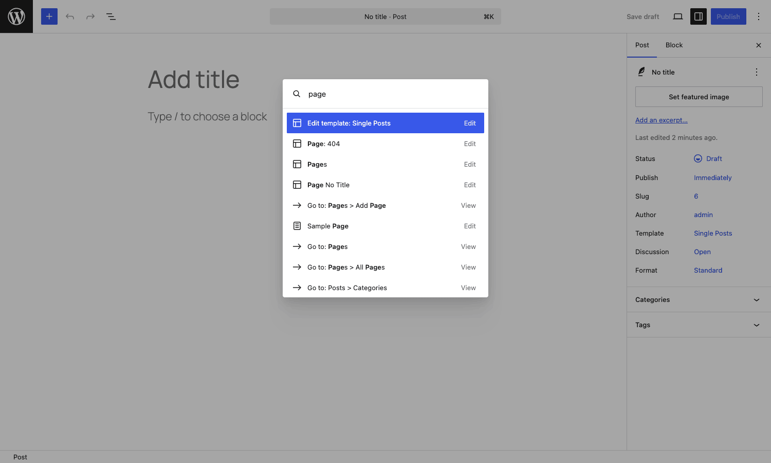 Command Palette with the query 'page' showing matching pages, templates, and navigation actions WordPress 7.0 command palette search results