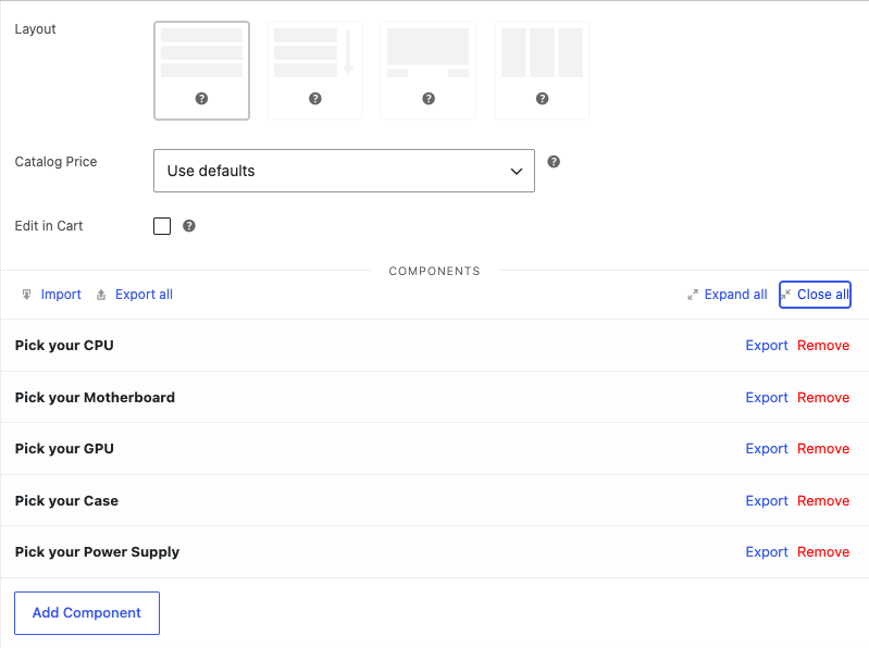 Composite Products editor Components tab with five slots WooCommerce Composite Products editor showing five named component slots: CPU, Motherboard, GPU, Case, Power Supply