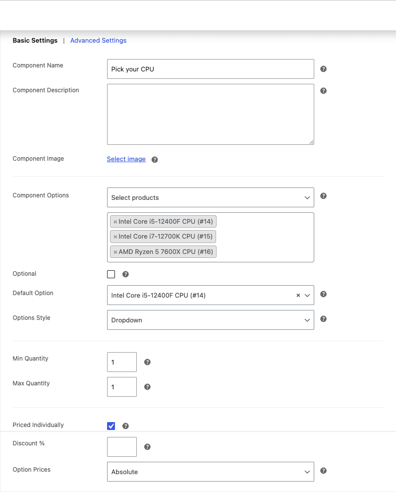 Composite Products per-slot configuration Composite Products component slot detail showing Component Name, Description, Component Options select-products multi-select with three CPU products assigned, Default Option, Options Style Dropdown, Min and Max Quantity, Priced Individually checked, Discount % field, and Option Prices Absolute