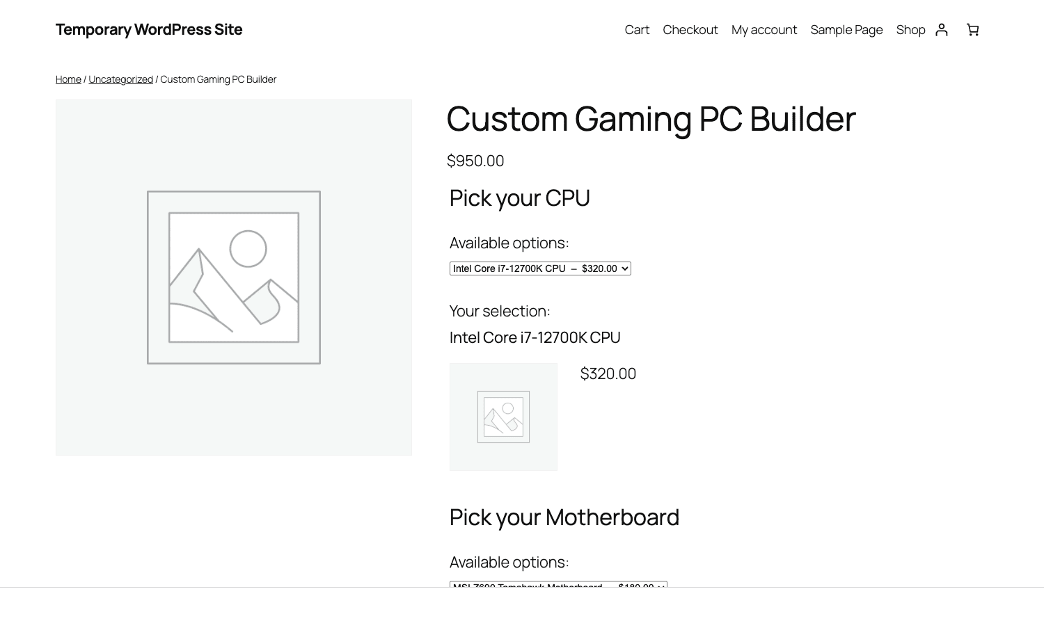 Customer-facing configurator with live total Front-end composite product page showing Custom Gaming PC Builder with a price total updating to $950 after CPU and GPU are selected, with Intel Core i7-12700K visible in the CPU slot at $320 and Motherboard slot below