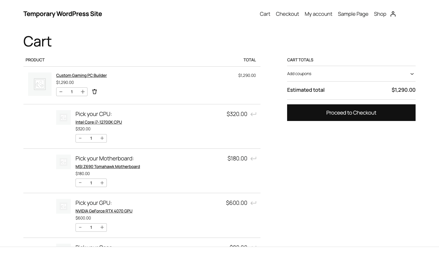 Configured composite in the cart with line-item breakdown WooCommerce cart page showing Custom Gaming PC Builder $1290.00 as the parent line item with five indented child line items: Intel Core i7-12700K CPU $320, MSI Z690 Tomahawk Motherboard $180, NVIDIA GeForce RTX 4070 GPU $600, and more, with Estimated total $1290