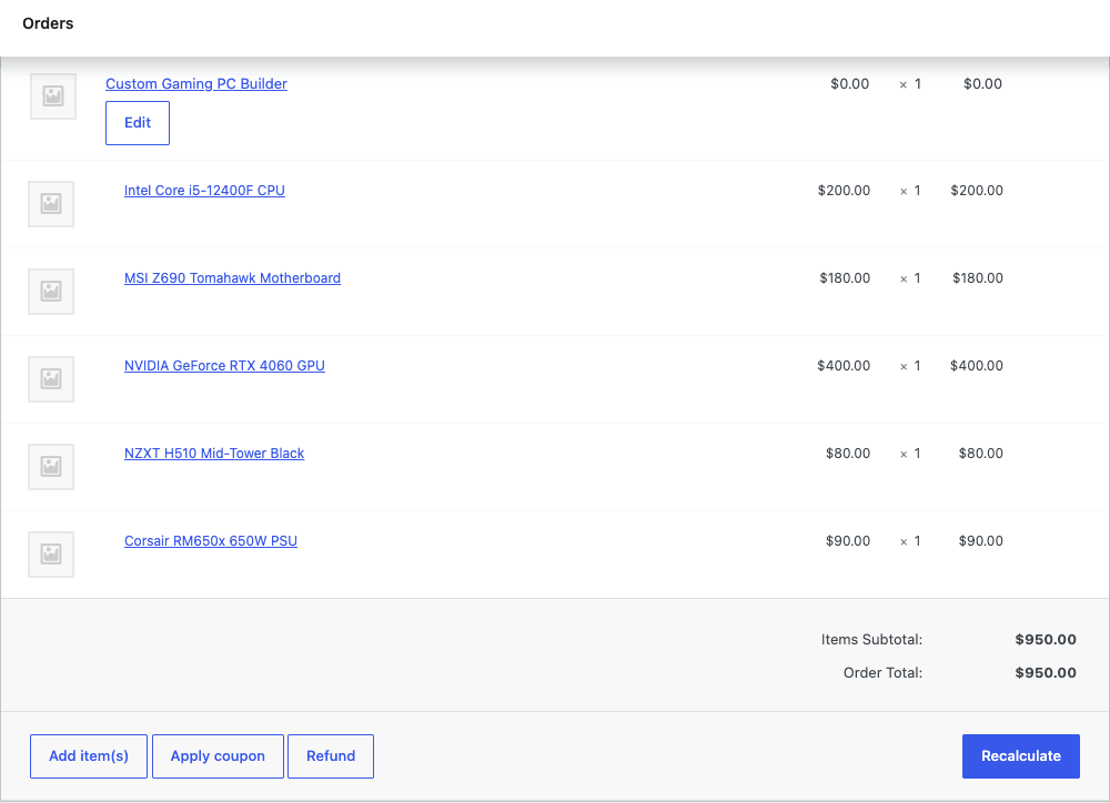 Composite order breakdown in admin WooCommerce order admin view showing Custom Gaming PC Builder parent line item at zero dollars with five indented child line items: Intel Core i5-12400F CPU 200 dollars, MSI Z690 Tomahawk Motherboard 180, NVIDIA GeForce RTX 4060 GPU 400, NZXT H510 Mid-Tower Black 80, Corsair RM650x 650W PSU 90, with Items Subtotal 950 and Order Total 950
