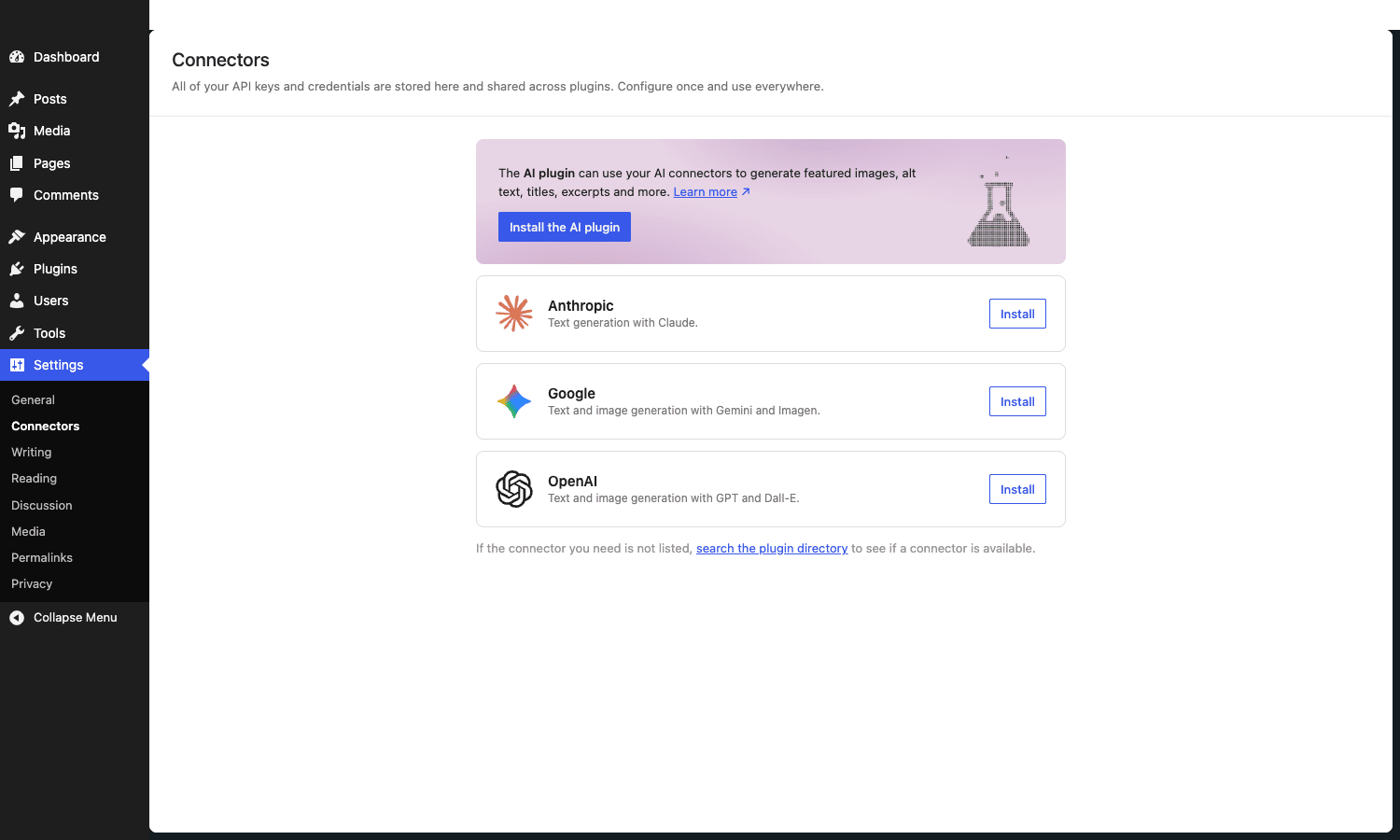 Settings -> Connectors screen showing the three default AI provider presets WordPress 7.0 Connectors settings with Anthropic, Google, and OpenAI presets