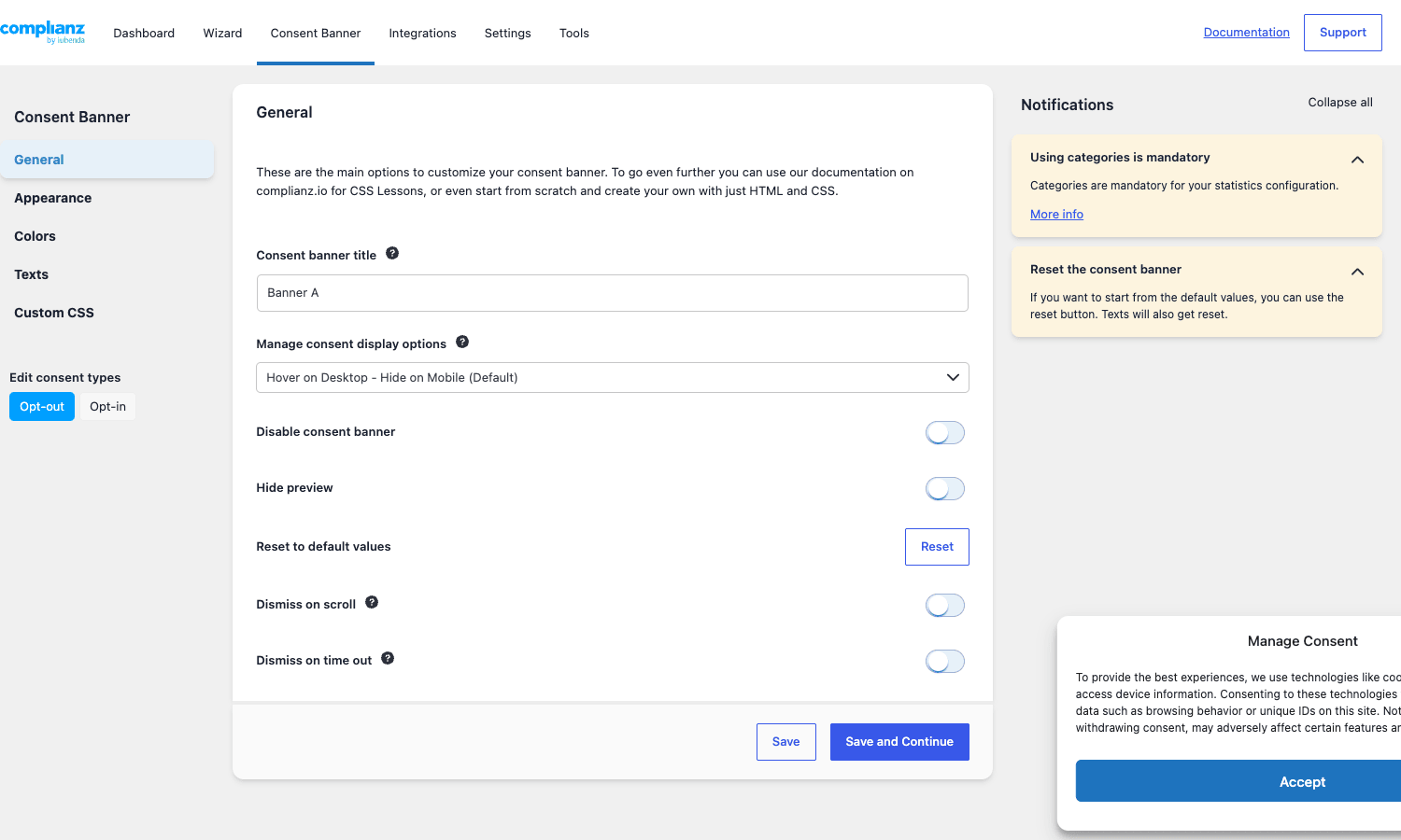 Complianz consent banner - General settings Complianz Consent Banner General settings with banner title, display mode, dismiss-on-scroll and dismiss-on-time-out toggles, opt-out and opt-in tabs, and a live Manage Consent preview in the bottom right