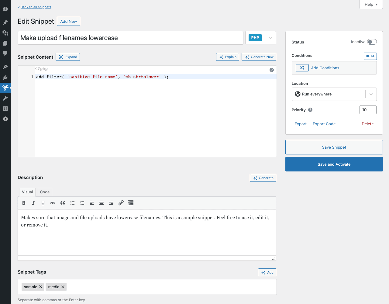 Code Snippets Pro Edit Snippet with real code Code Snippets Pro Edit Snippet screen for Make upload filenames lowercase with PHP type, code editor showing add_filter sanitize_file_name mb_strtolower, Status Inactive toggle, Add Conditions, Location Run everywhere, Priority 10, Export Export Code Delete actions, Description field, and Snippet Tags sample media