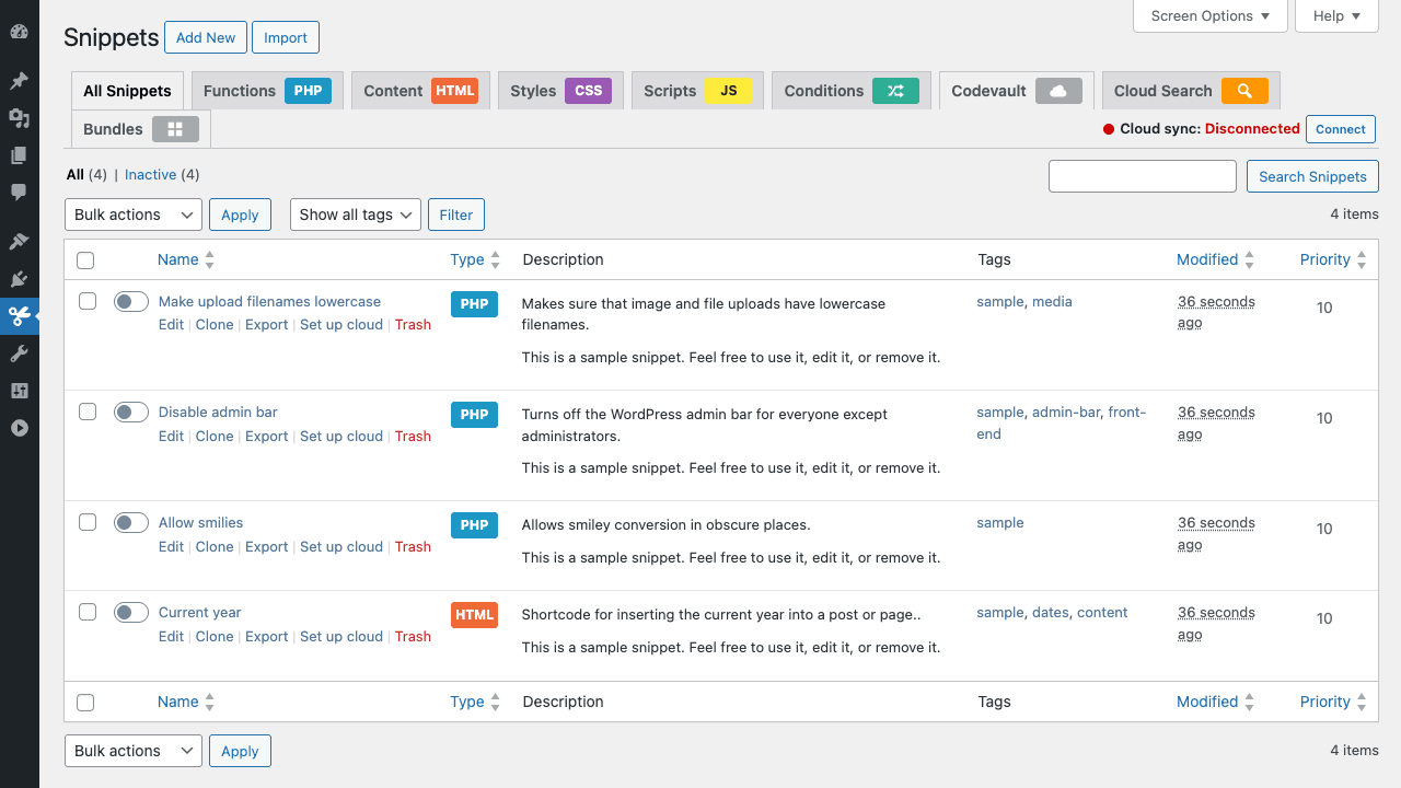 Code Snippets Pro snippets list with type tabs and Cloud sync Code Snippets Pro snippets list with tabs for All Snippets, Functions PHP, Content HTML, Styles CSS, Scripts JS, Conditions, Codevault, Cloud Search, and Bundles, plus four sample snippets with toggles, per-row Edit Clone Export Set up cloud Trash actions, tags, modified timestamps, and priority columns