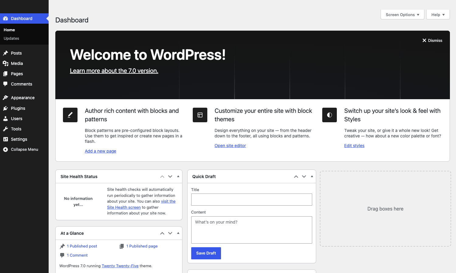 Welcome to WordPress message and Site Health widget on a fresh WordPress 7.0 install WordPress 7.0 dashboard with the new admin theme