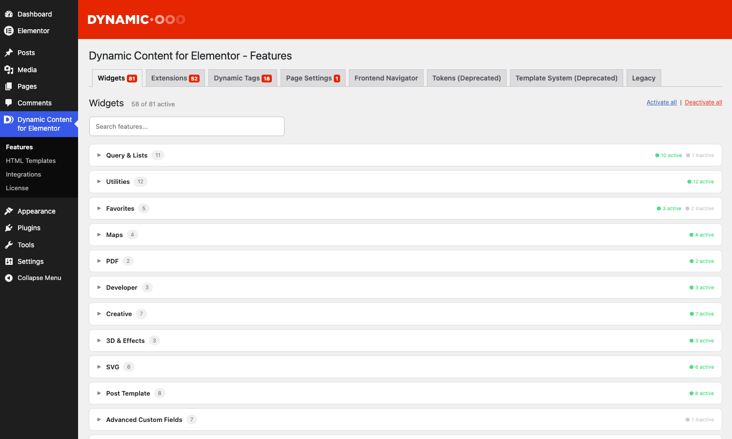 DCE Features admin page Dynamic Content for Elementor Features admin page listing the widget toggles