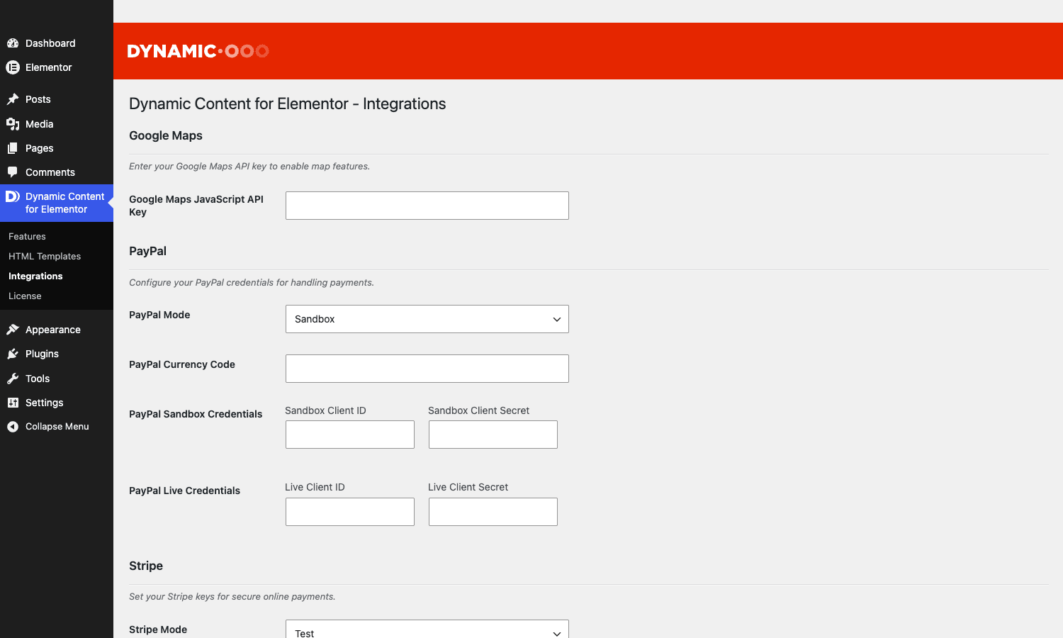 DCE Integrations page Dynamic Content for Elementor integrations page showing supported field frameworks