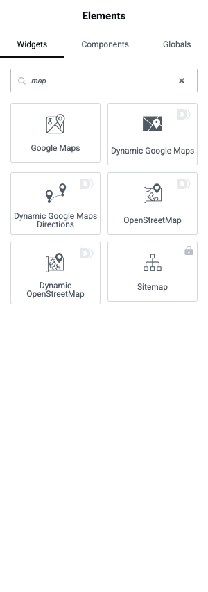 DCE maps widgets Dynamic Content for Elementor maps widgets in the Elementor panel, including Google Maps and OpenStreetMap