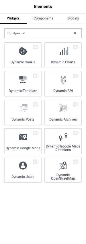 DCE widgets in the Elementor panel Dynamic Content for Elementor widgets listed in the Elementor editor panel