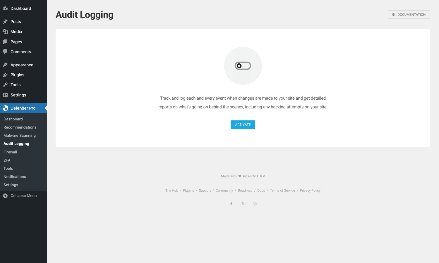 Defender Pro Audit Logging admin page with event filter and log table Defender Pro Audit Logging page