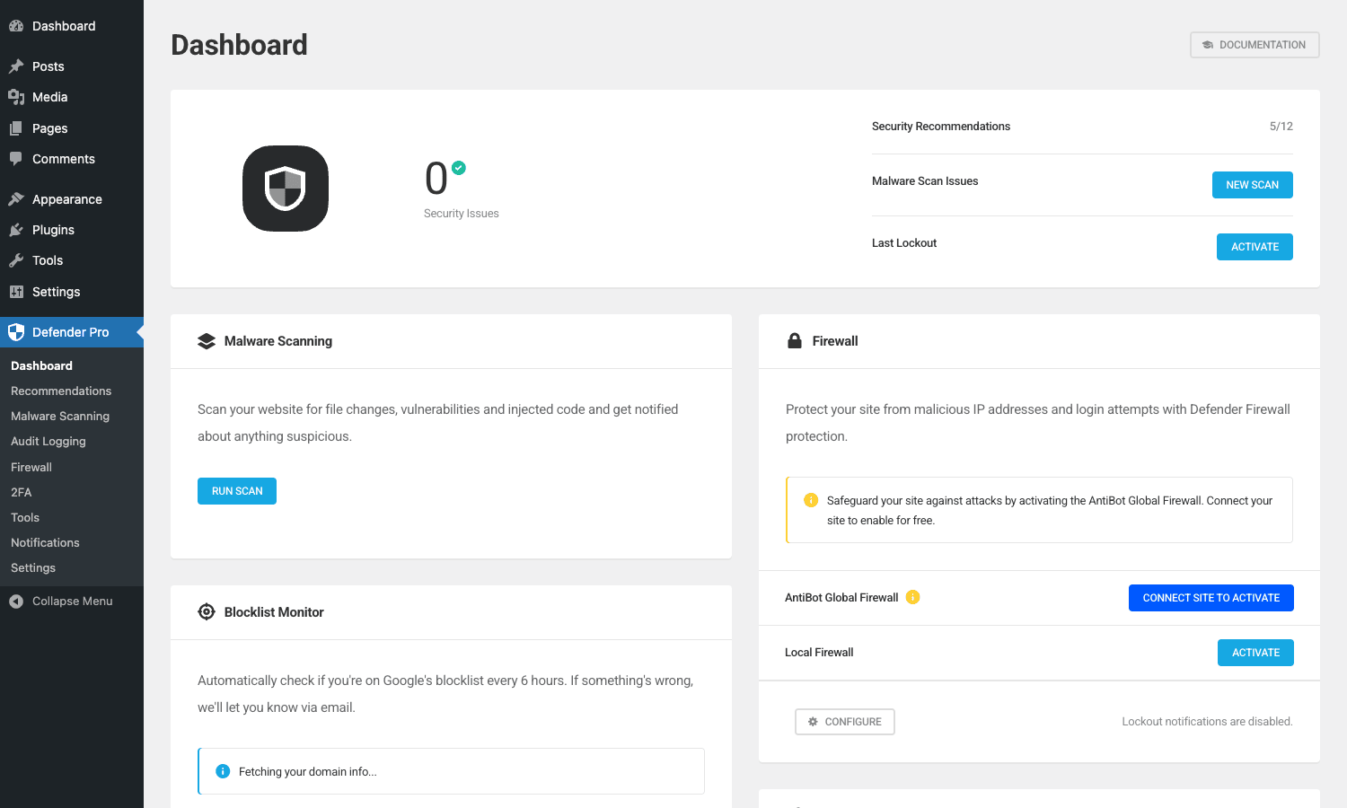 Defender Pro Dashboard showing 0 Security Issues, Recommendations 5/12, Malware Scanning, Firewall, and Blocklist Monitor cards Defender Pro dashboard with security score, malware scanning, firewall, blocklist monitor cards