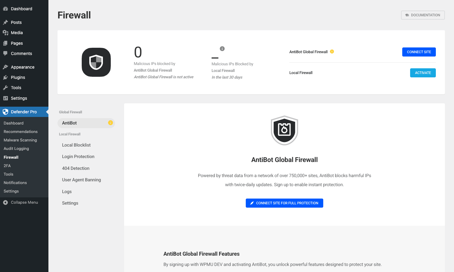 Defender Pro Firewall admin showing modules for IP Banning, Login Protection, 404 Detection, User Agent Banning, Geographic Blocking Defender Pro Firewall page with IP banning, login lockout, 404 detection, user agent settings