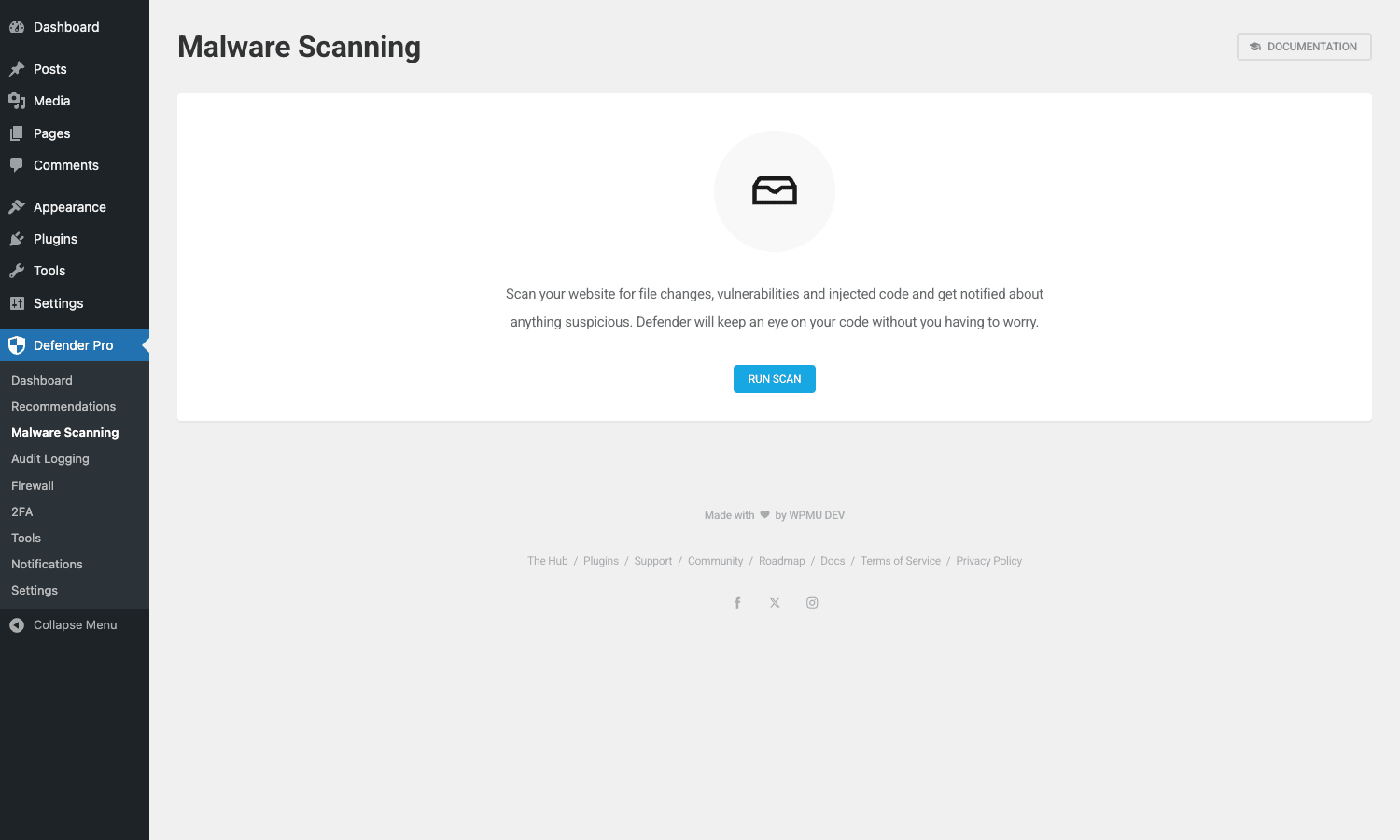 Defender Pro Malware Scanning admin page with scan controls and result history Defender Pro Malware Scanning page
