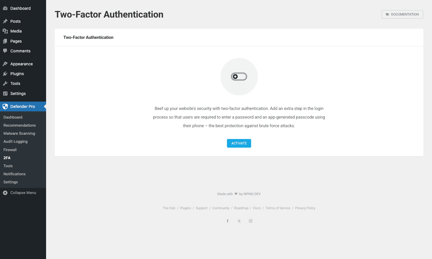 Defender Pro 2FA admin page with provider selection and enforcement settings Defender Pro Two-Factor Authentication settings