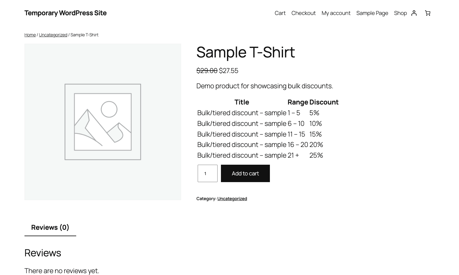 Product page bulk pricing table Sample T-Shirt product page with bulk pricing table