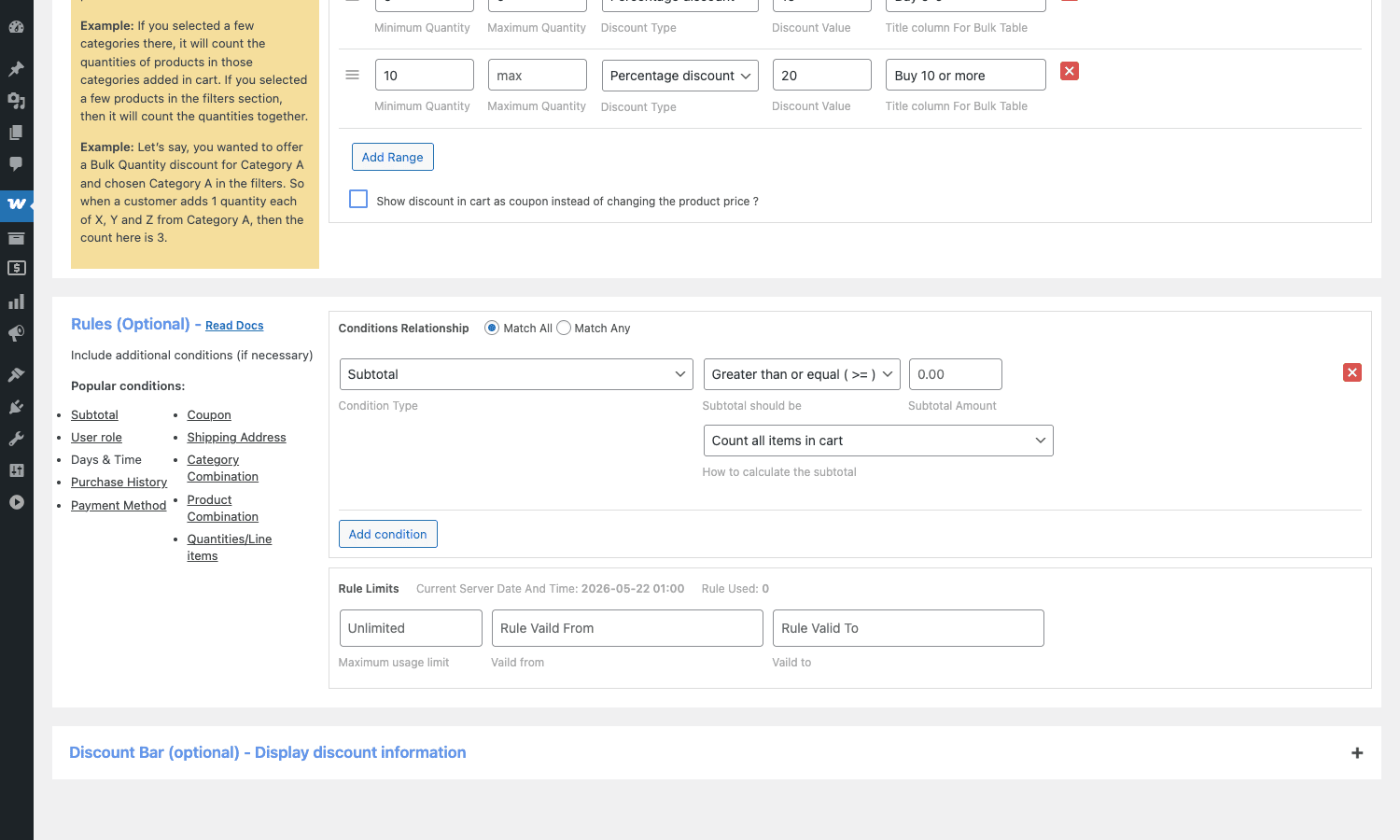 Conditions and condition catalogue Rules section with Subtotal condition and condition catalogue