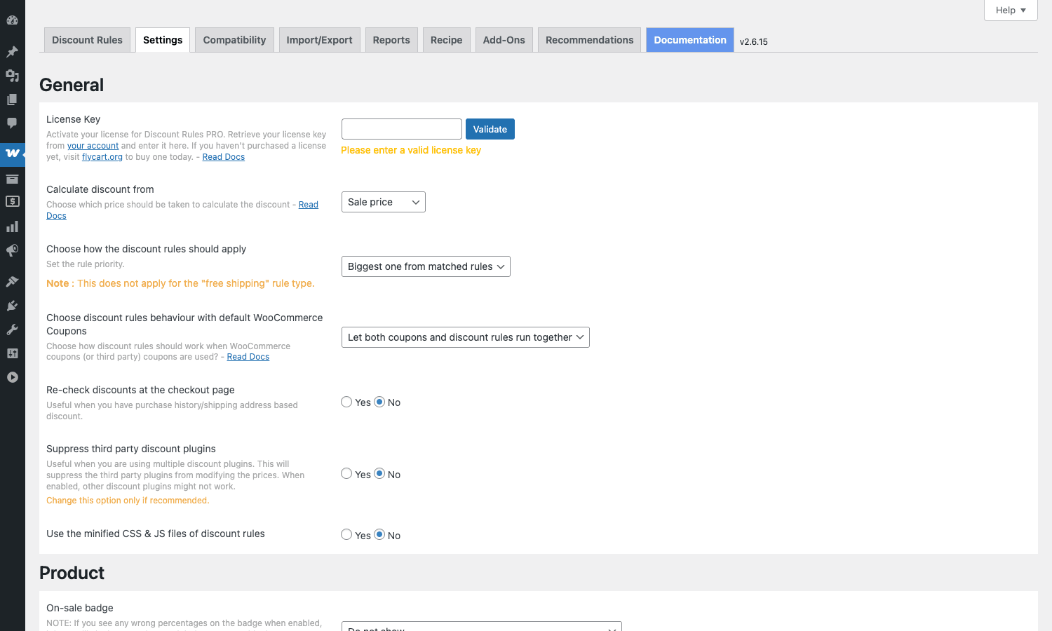 Settings tab Settings tab with general, product, cart, and promotion sections