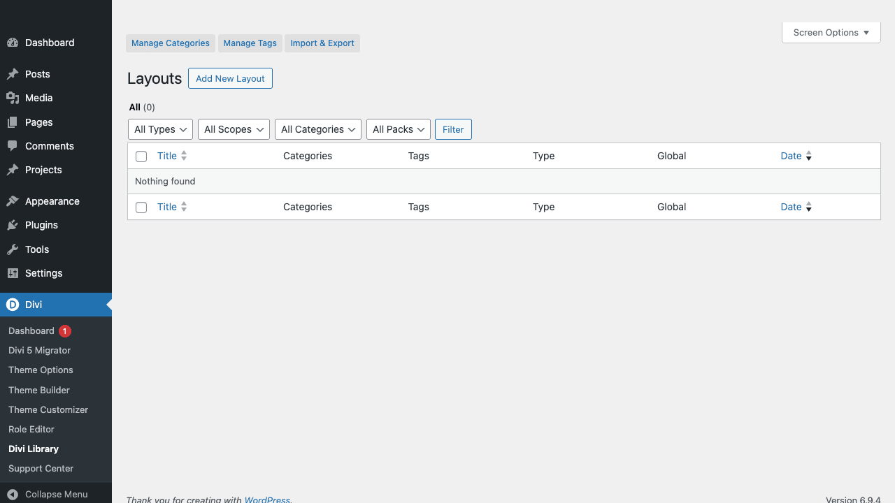 Divi Library admin page showing layout management interface with filter dropdowns for Type, Scope, Categories, and Packs