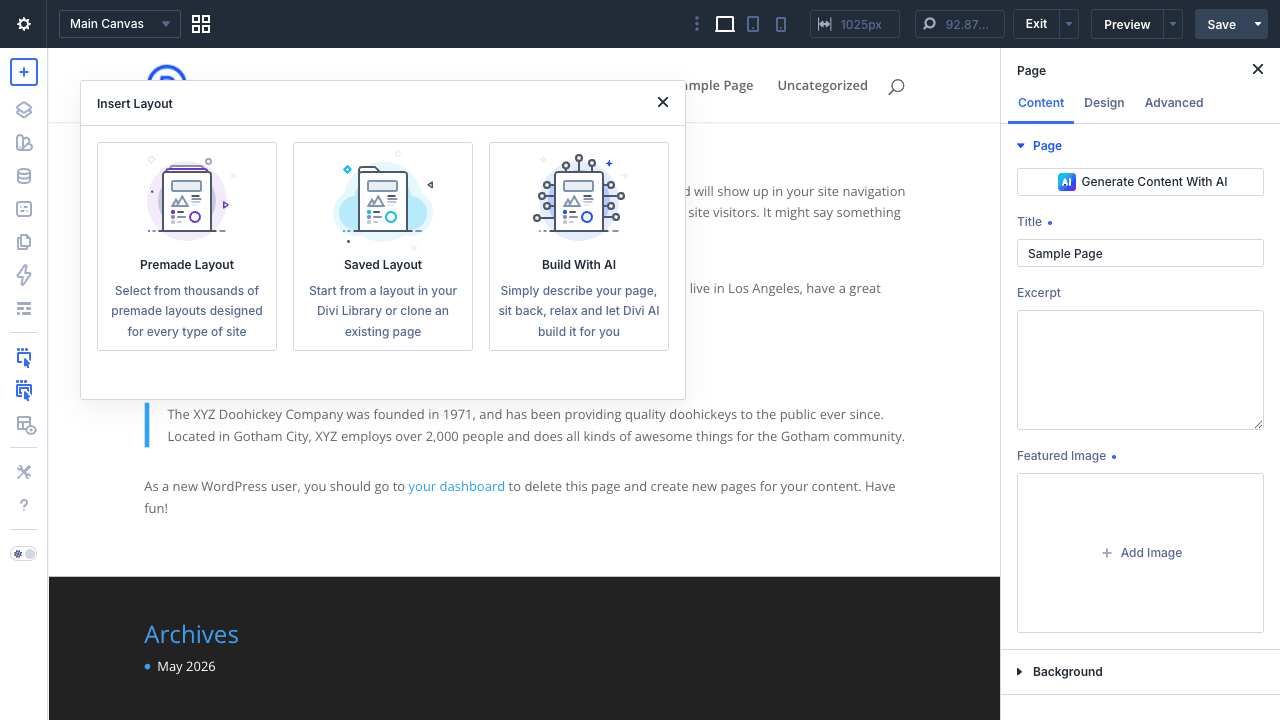 Divi Insert Layout modal with three options: Premade Layout, Saved Layout, and Build With AI