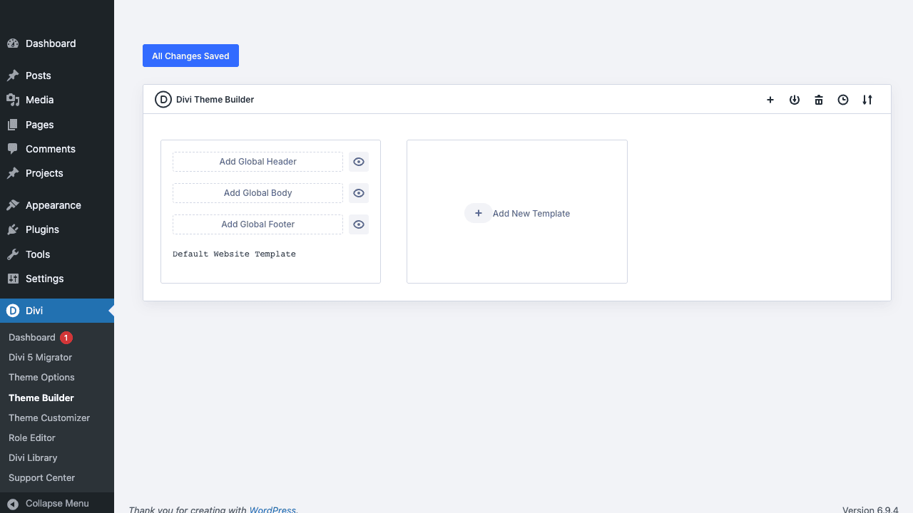 Divi Theme Builder admin interface showing Default Website Template with Add Global Header, Body, and Footer slots