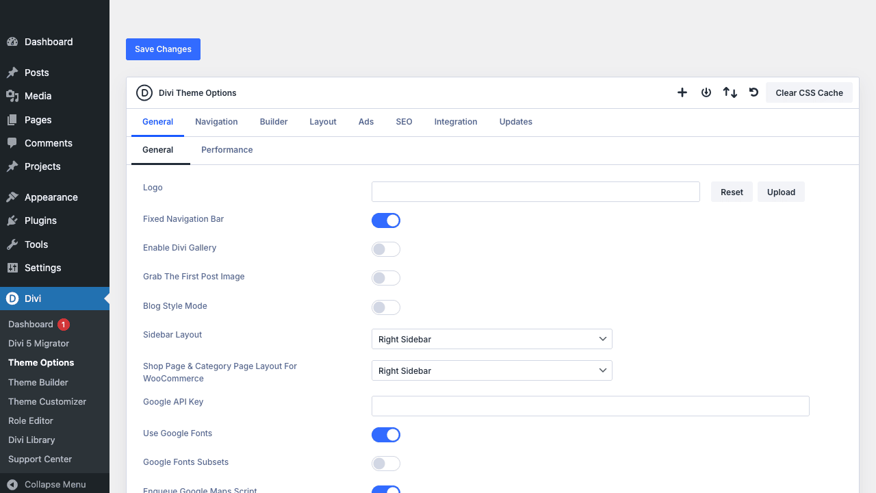 Divi Theme Options panel showing General settings including logo upload, fixed nav, sidebar layout, and Google API key