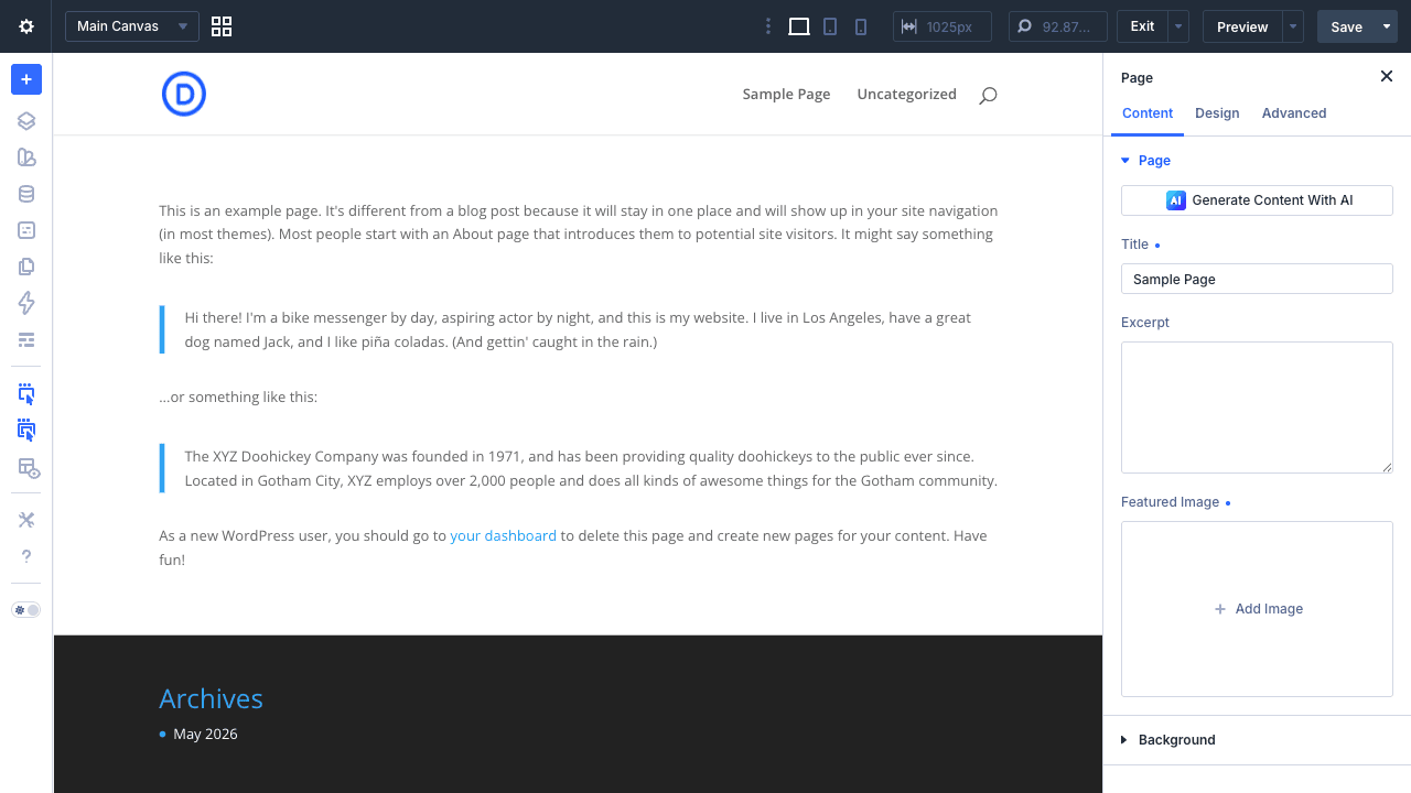 Divi 5 visual builder showing live page editing with content panel on the right