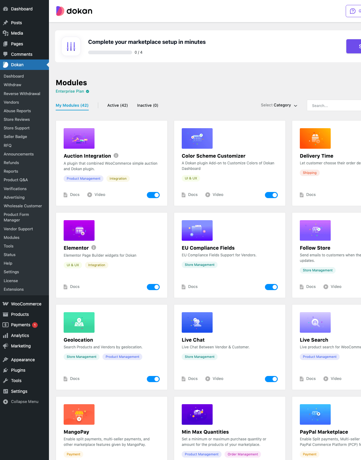 The Dokan modules screen with feature bundles you can toggle individually Dokan modules grid