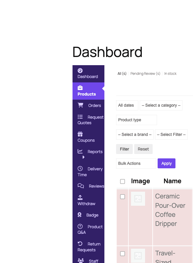 A vendor's product list inside the front-end dashboard showing four pending-review listings Vendor products list in Dokan