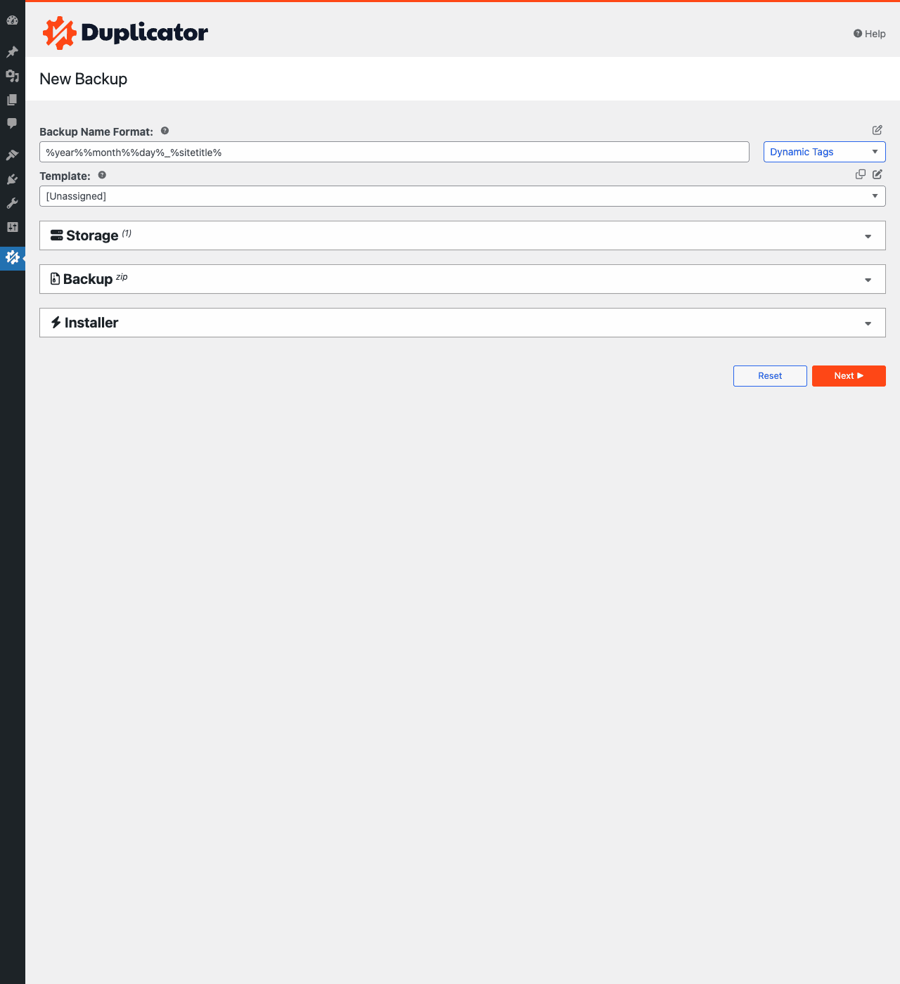 New Backup creation form Duplicator Pro "New Backup" creation form showing Backup Name Format with dynamic tags like %year%, Template selector, and three collapsible sections labeled Storage (1), Backup (zip), and Installer, with Reset and Next buttons at the bottom