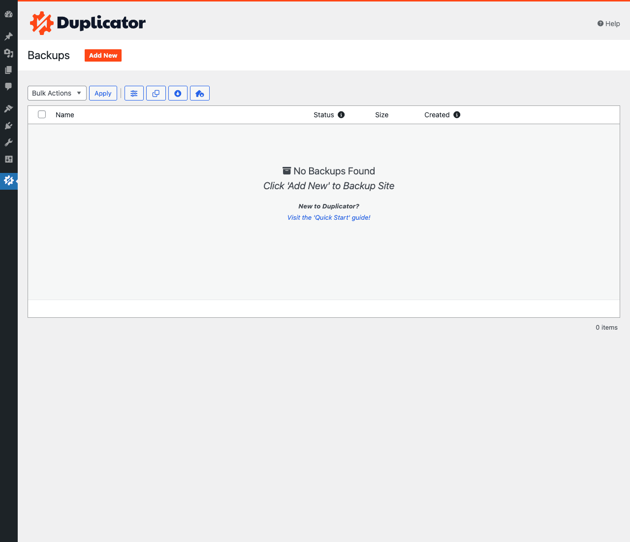 Duplicator Pro Backups page Duplicator Pro Backups page showing the empty state "No Backups Found" with an "Add New" button at top and bulk action controls. The Duplicator logo is at the top and the sidebar shows the standard collapsed WP admin nav