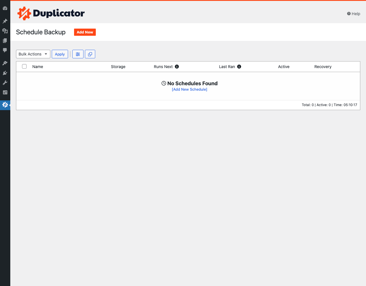 Duplicator Pro Schedule Backups page Duplicator Pro Schedule Backup page showing the empty state with "No Schedules Found" and an "Add New" button, plus columns for Name, Storage, Runs Next, Last Ran, Active, Recovery