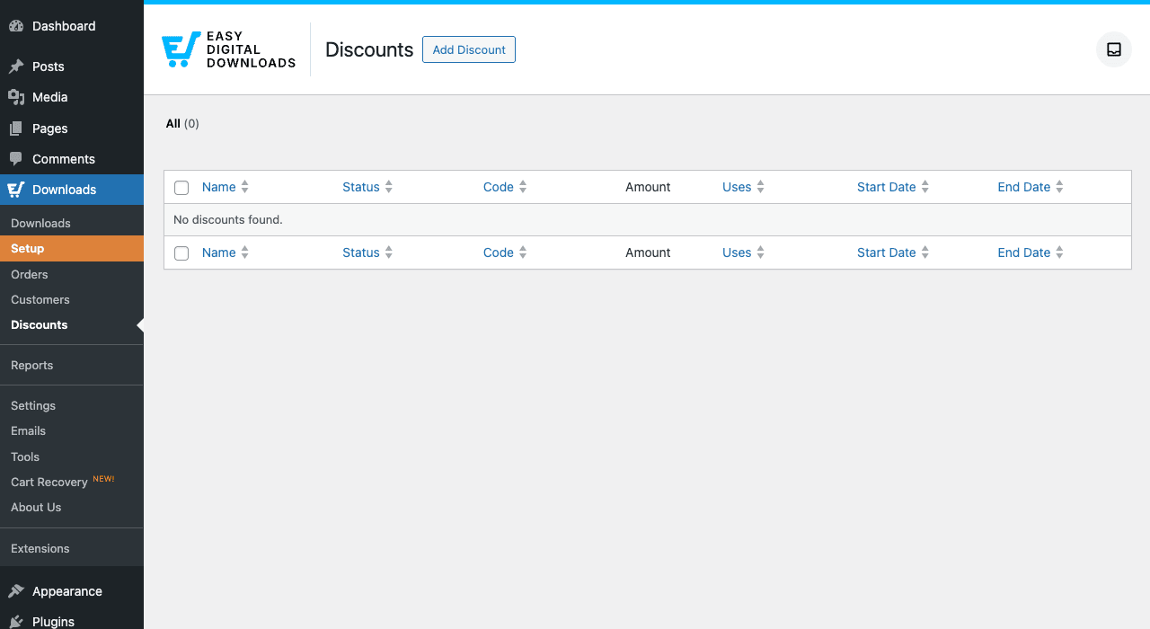 Discounts, code-based promotions with date and usage limits EDD Discounts admin page showing the sidebar nav with Discounts highlighted, Discounts header with Add Discount button, and an empty discounts table with Name, Status, Code, Amount, Uses, Start Date, End Date columns