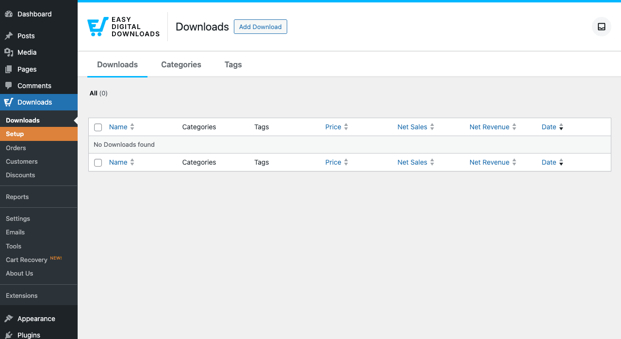 EDD → Downloads, the admin nav and product table EDD Downloads admin page showing the sidebar nav (Downloads, Setup, Orders, Customers, Discounts, Reports, Settings, Emails, Tools, Cart Recovery, About Us, Extensions), Downloads / Categories / Tags tabs, and an empty downloads table with Name, Categories, Tags, Price, Net Sales, Net Revenue, Date columns