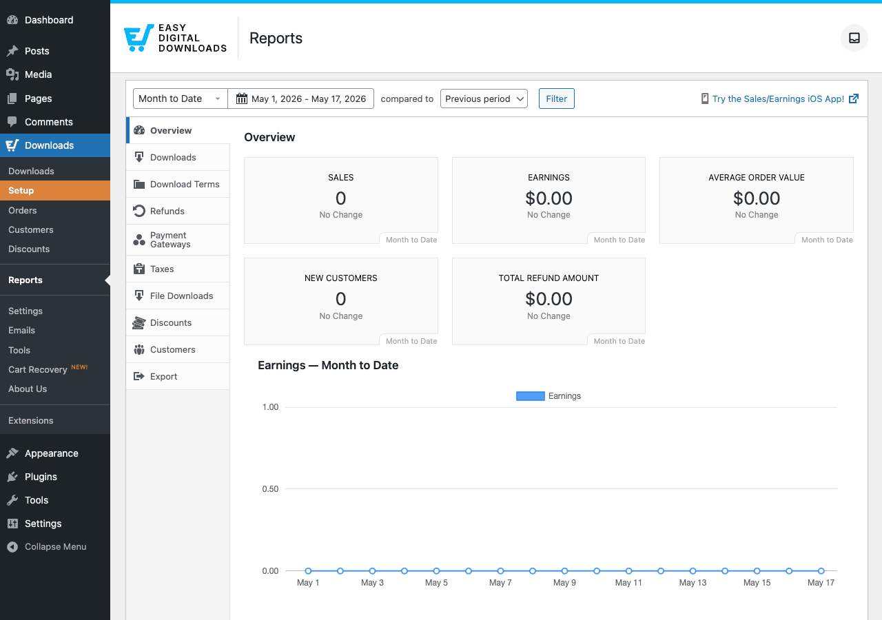 Reports, sales, earnings, AOV, refunds, all in one dashboard EDD Reports Overview showing date range selector (Month to Date, May 1-17 compared to Previous period), sub-nav (Overview, Downloads, Download Terms, Refunds, Payment Gateways, Taxes, File Downloads, Discounts, Customers, Export), cards for Sales / Earnings / Average Order Value / New Customers / Total Refund Amount, and an Earnings, Month to Date line chart