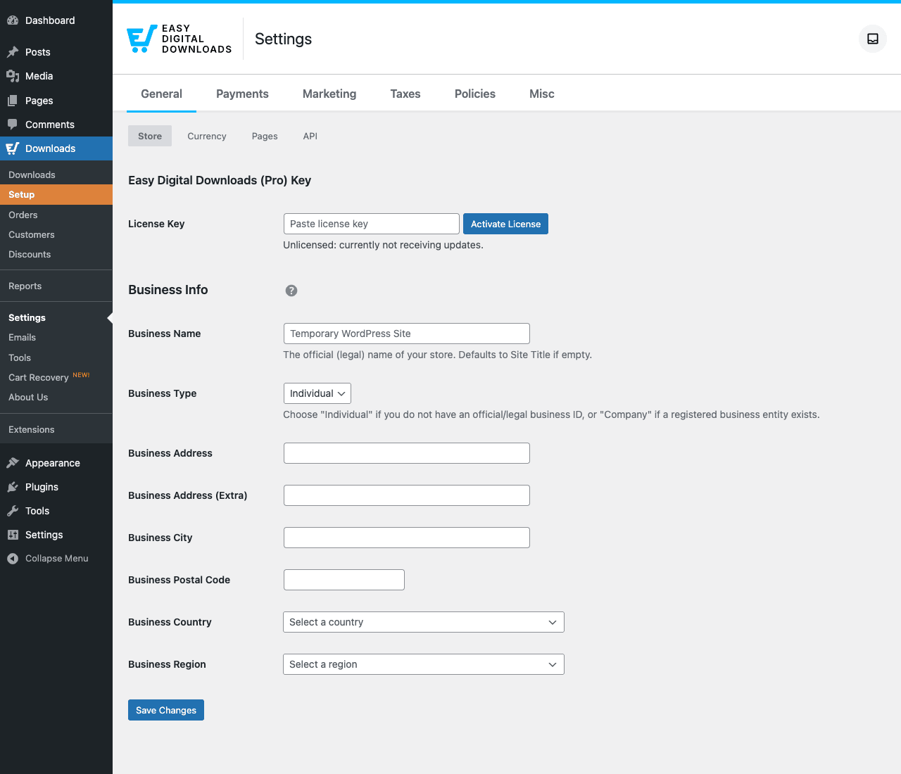 Settings → General, license, business info, currency, store identity EDD Settings General tab showing License Key field, Business Info form (Business Name, Type, Address, Address Extra, City, Postal Code, Country, Region), with sub-tabs Store / Currency / Pages / API and top-level tabs General / Payments / Marketing / Taxes / Policies / Misc
