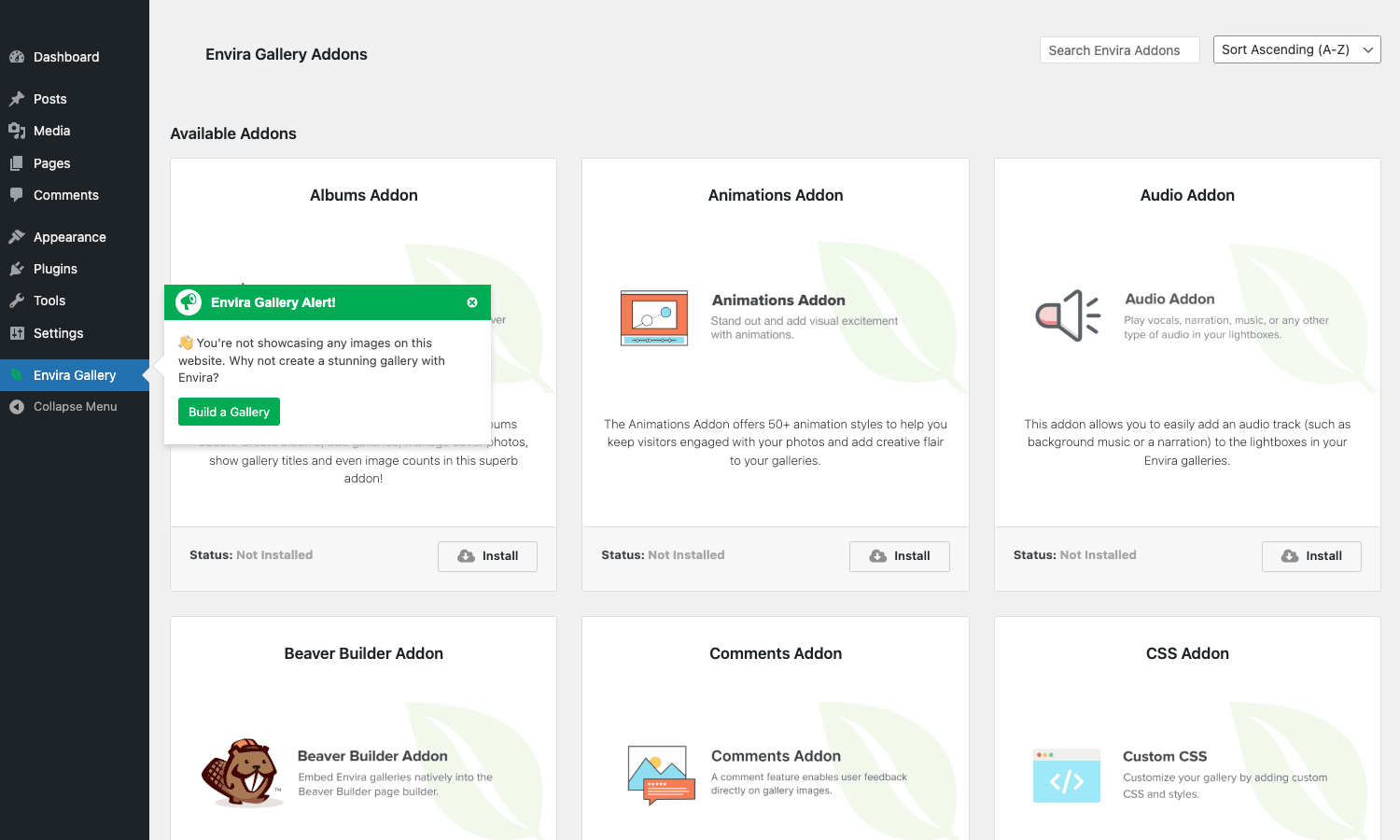 Envira Gallery Addons screen with cards for Albums, Animations, Audio, Beaver Builder, Comments, and CSS addons Envira Gallery Addons admin page with available addons including Albums, Animations, Audio, Beaver Builder, Comments, CSS