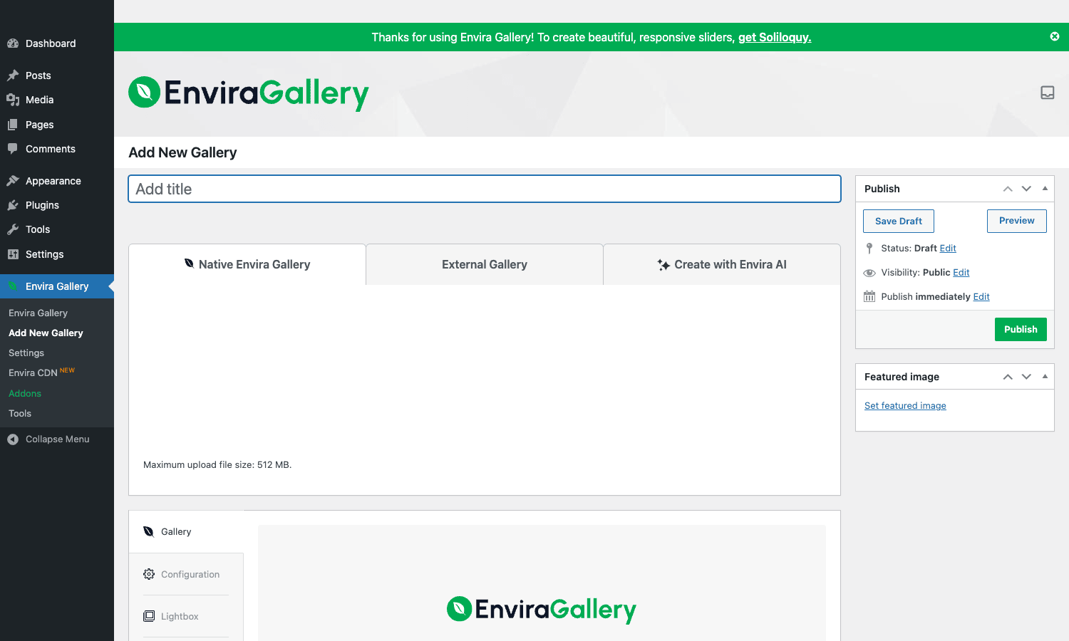 Envira Gallery builder with Add title, Native Envira Gallery / External / AI tabs, and Gallery / Configuration / Lightbox left sidebar Envira Gallery Add New Gallery builder with Native, External, Create with AI tabs and Gallery / Configuration / Lightbox sidebar tabs