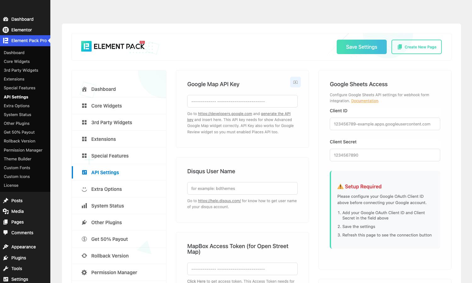 Element Pack Pro API Settings Element Pack Pro API Settings tab with Google Maps, Disqus, Mapbox keys