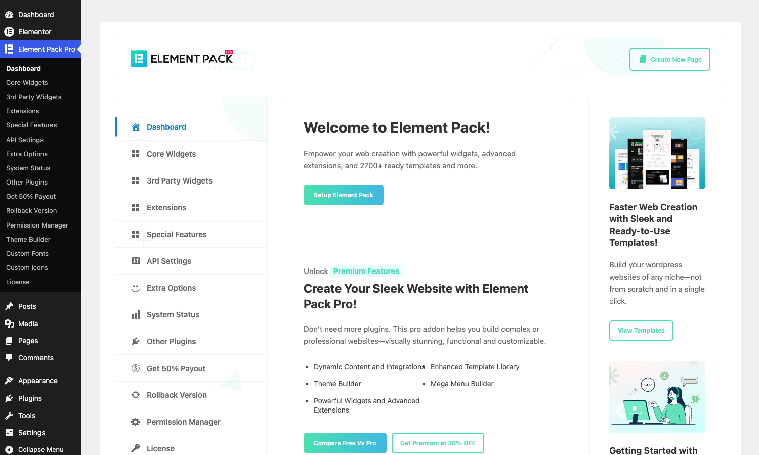 Element Pack Pro Dashboard Element Pack Pro admin dashboard with module overview
