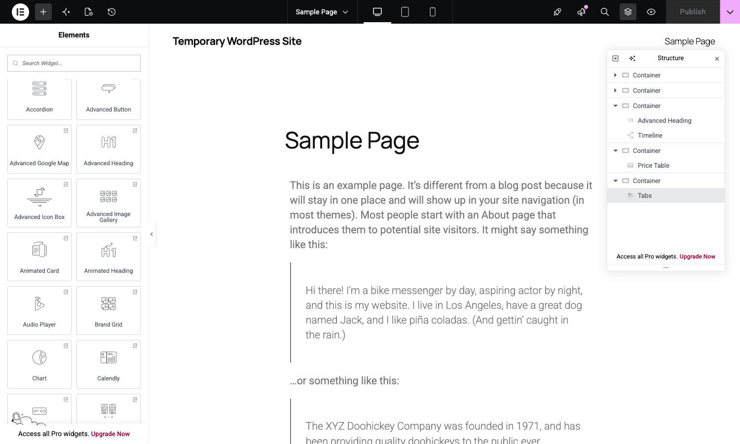 Element Pack widget panel in Elementor editor Elementor editor with Element Pack Pro widget panel and a populated canvas